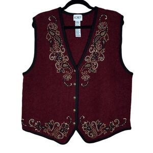 Koret VTG Sweater Vest Women's‎ L Red Wool Blend Gold Button V-Neck Grannycore